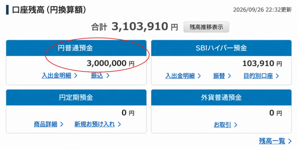 SBI新生銀行の普通預金からSBIハイパー預金への振替画面