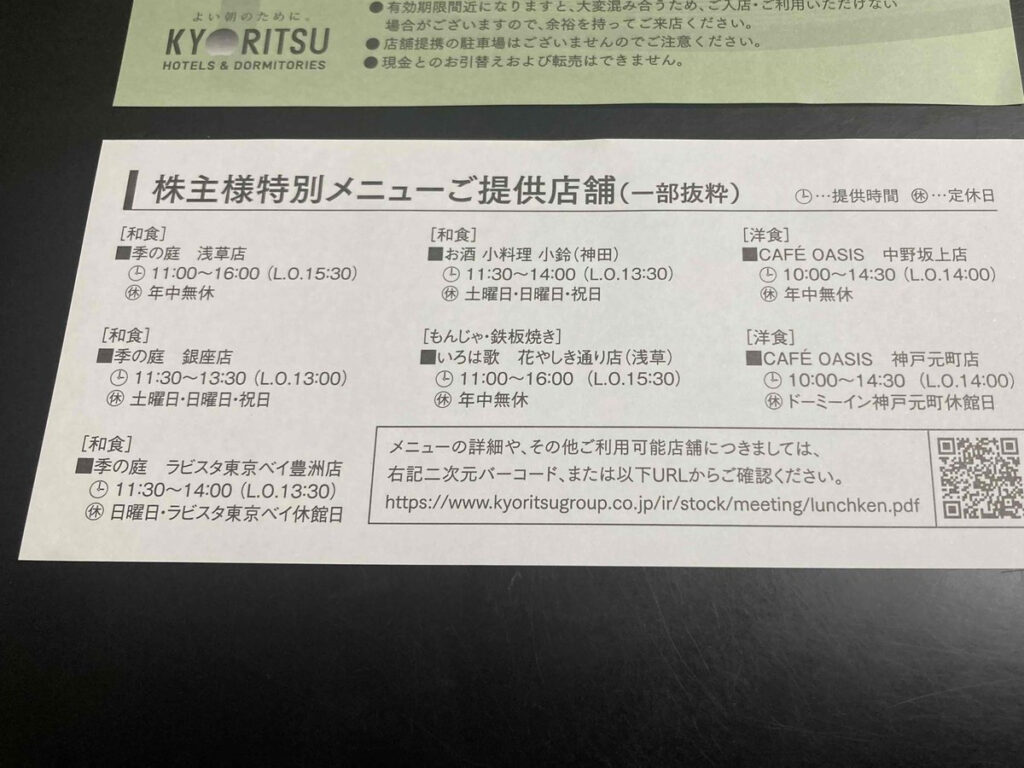 共立メンテナンス株主食事券(ランチ券)裏面